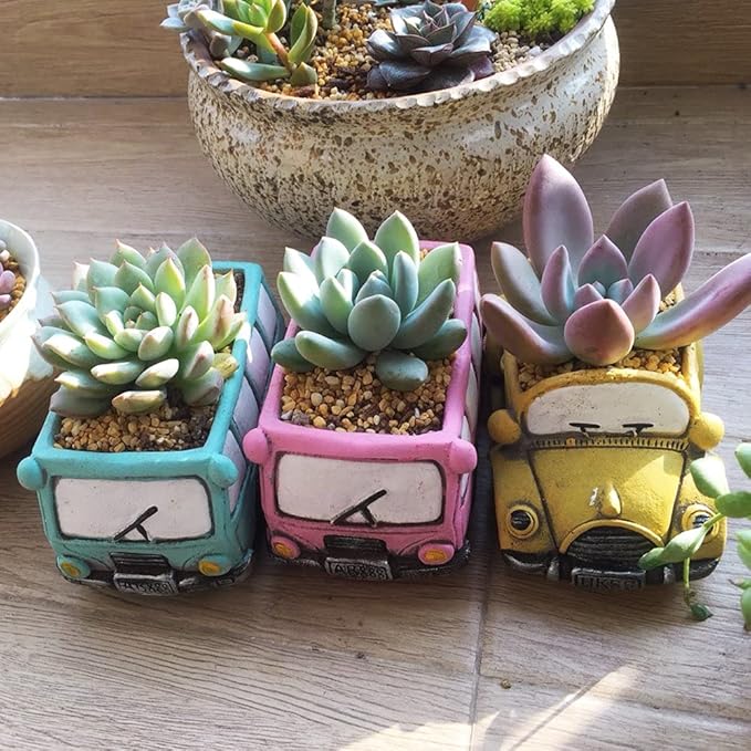 Green Bus Succulent Planter Pots, Small Plants Pot with Drainage Hole, Flower Pots Plant Containers for Home Indoor Outdoor Garden Decoration Pot