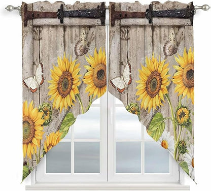 Farmhouse Sunflowers Swag Valances for Windows, Rustic Barn Doors Flowers Butterfly Wooden Rod Pocket Kitchen Curtains Valance, Kitchen Window Curtains Swag for Cafe Living Room, 2 Panels, 36x45 inch