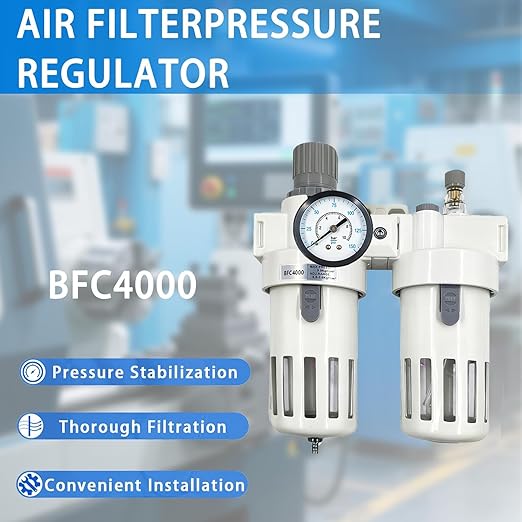 XingNEeng 1/2" NPT Compressed Air Filter Regulator Lubricator (FRL) Combo, Water/Oil Trap Separator, Air Pressure Regulator with Pressure Gauge(0-150 psi), Semi-Auto Drain, Poly Bowl, Metal Bracket