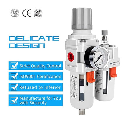 NANPU 3/8" NPT Compressed Air Filter Regulator Lubricator Combo, Water/Oil Trap Separator - Gauge(0-150 psi), Poly Bowl, Semi-Auto Drain, Bracket