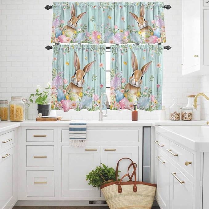 Kitchen Curtains Tiers and Valance Set of 3, Easter Light Filtering Window Curtain Set, Spring Rabbit Eggs Flowers Leaf Green Wooden Plank Rod Pocket Curtain Drapes for Living Room, 24 Inches Tiers