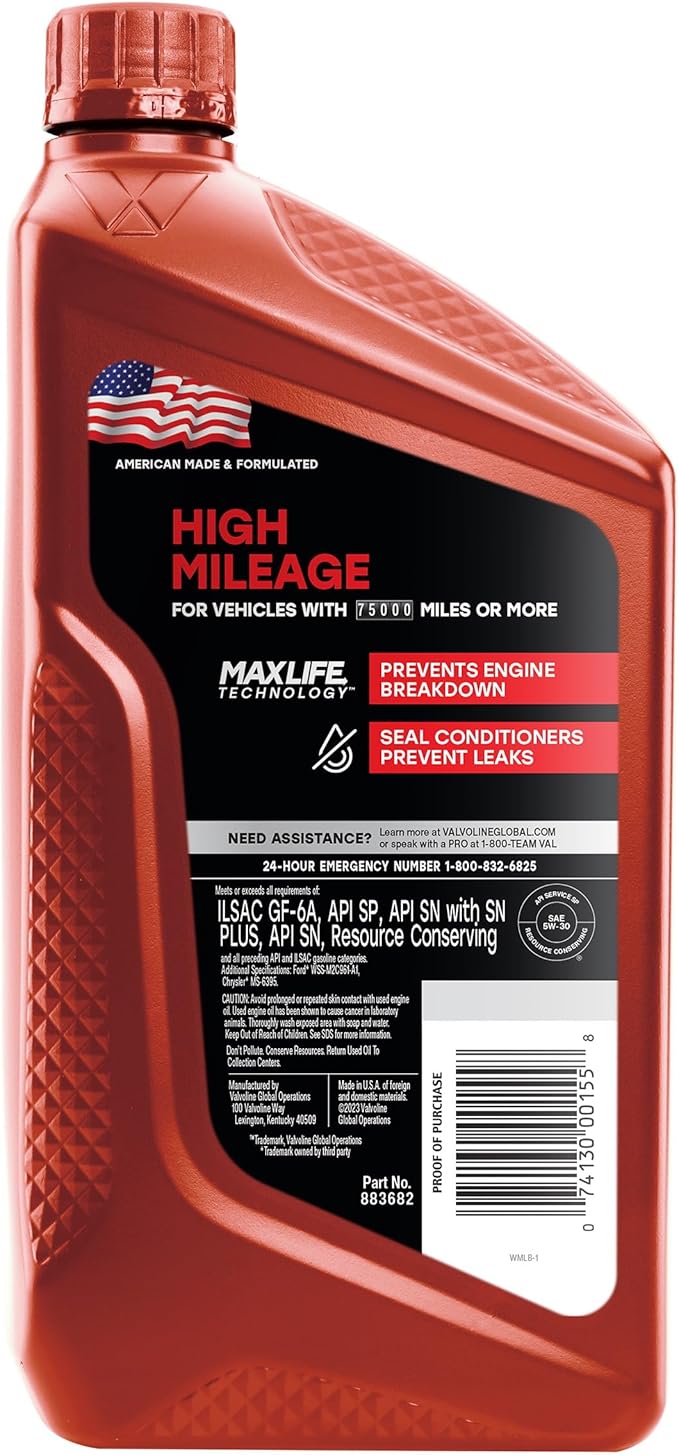 Valvoline High Mileage with MaxLife Technology 5W-30 Synthetic Blend Motor Oil 1 Quart