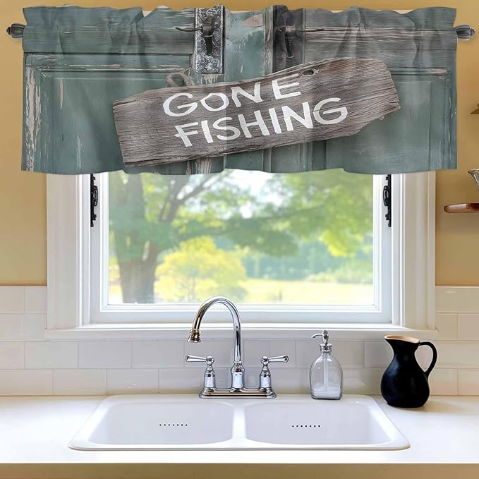 Gone Fishing Valances for Windows, Bronze Wood Grain Kitchen Valance Light Filtering Rod Pocket Short Curtains for Kitchen Bathroom, 1 Panel, 56"x16"