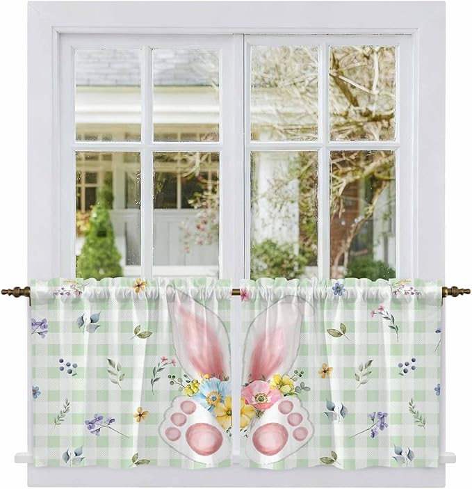 Easter Kitchen Tier Curtains 36 Inch Long 2 Panel Set,Rod Pocket Half Window Curtains Over Sink,Spring Bunny Ears Feet Flowers Green Plaid Light Filtering Short Drapes for Bathroom Cafe 27.5"W x 36"L