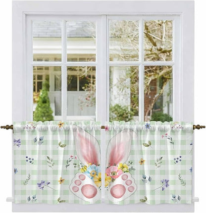 Easter Kitchen Tier Curtains 24 Inch Long 2 Panel Set,Rod Pocket Cafe Small Window Curtains Over Sink,Spring Bunny Ears Feet Flowers Green Plaid Light Filtering Short Drapes for Bathroom 27.5"W x 24"L