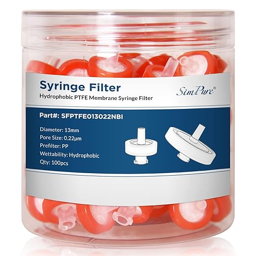 SimPure Syringe Filter PTFE Hydrophobic Membrane 100 PCS, 0.22um Pore Size, 13mm Disc Diameter, HPLC and GC Needle Filter, Non-Sterile, High Throughput Lab Filtration, Barreled Packed