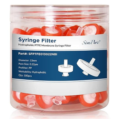 SimPure Syringe Filter PTFE Hydrophobic Membrane 200 PCS, 0.22um Pore Size, 13mm Disc Diameter, HPLC and GC Needle Filter, Non-Sterile, High Throughput Lab Filtration, Barreled Packed
