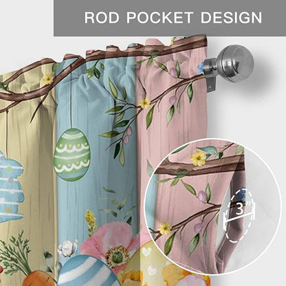 Easter Curtain Valances for Windows, Kitchen Valance Window Treatment, Spring Colorful Bunny Eggs Flower Wood Grain Light Filtering Block Curtains for Bathroom/Bedroom/Living Room 42'' x 18''