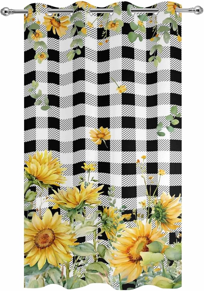 Sunflowers Outdoor Curtains for Patio Summer Floral Eucalyptus Leaf Buffalo Check Waterproof Outside Curtains with Grommet Top Weatherproof Curtain for Cabana Pergola Gazebo, 1 Panel, 54" W x 84" L