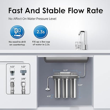 Waterdrop TST-UF 0.01μm Ultra-Filtration Under Sink Water Filter System, Stainless Steel Water Filter for Sink, 5X Service Life Under Sink Water Filtration System, Removes 99% of Substances