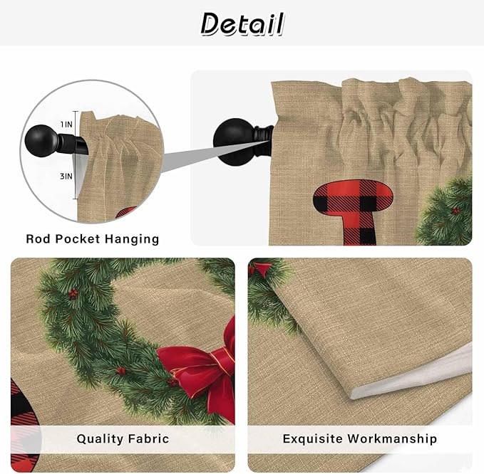 Red Green Christmas Kitchen Curtains 45 Inch Long 2 Panel Set, Rod Pocket Window Treatment, Xmas Botanical Winter Farmhouse Light Filtering Short Curtains & Drapes for Bathroom Laundry 52"W x 45"L