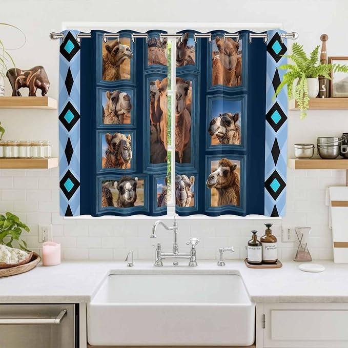 2 Panel Kitchen Cafe Curtains, Desert Camels Sunlight Filtering Nature Air Through, Home Decor Window Covering Tier Curtains for Living Room 104W x 63L inch Wildlife Brown Animals Blue Geometric