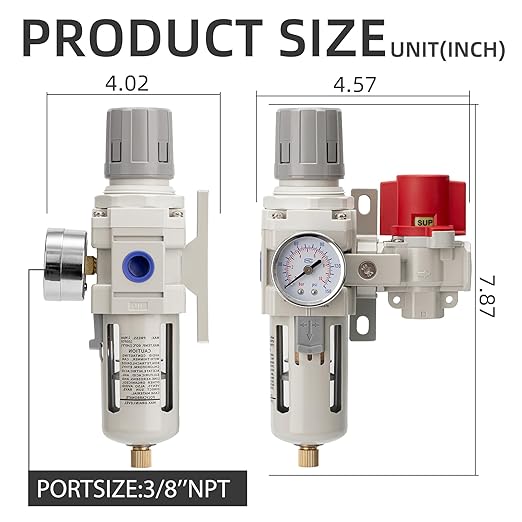 Industrial Air Compressor Filter Regulator Combo 3/8" NPT 0-150 PSI Gauge,Semi-Auto Drain,Pressure relief 3 port valve,5 Micron Water Separator for Pneumatic Tools