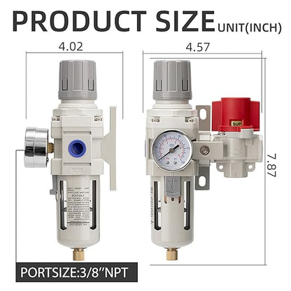Industrial Air Compressor Filter Regulator Combo 3/8" NPT 0-150 PSI Gauge,Semi-Auto Drain,Pressure relief 3 port valve,5 Micron Water Separator for Pneumatic Tools