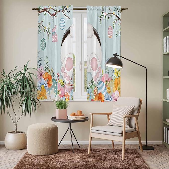 Easter Bunny Window Curtains 63 Inch Long 2 Panel Set,Rod Pocket Bedroom Curtains & Drapes,Easter Eggs Spring Farmhouse Wood Grain Teal Blue Light Filtering Window Treatment 42"W x 63"L