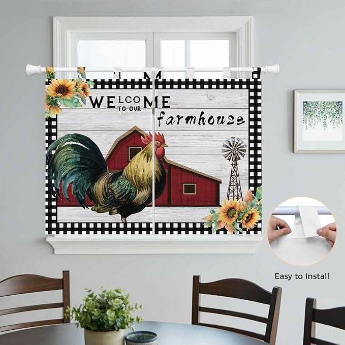Farmhouse Rooster Bedroom Curtains 63 Inch Length, Window Curtains Tab Top, Rustic Red Barn Windmill Sunflowers Light Filtering Window Treatments Drapes 42"x63" 2 Panel