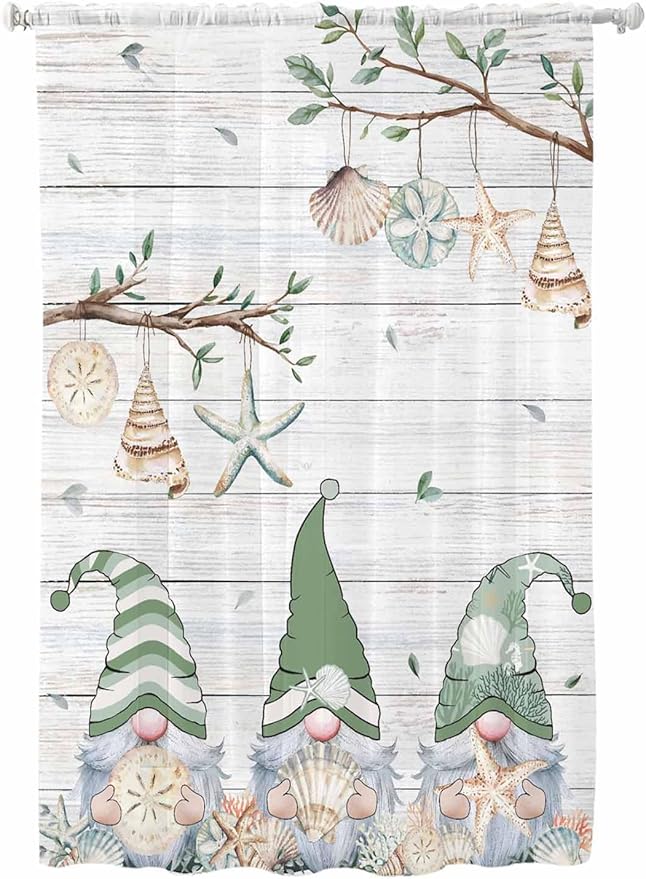 Sheer Curtains 72 Inches Long, Sage Green Gnomes Semi Sheer Curtains Light Filtering Window Treatment, Eucalypus Coastal Anchor Retro Wood Privacy Voile Drapes for Living Room Bedroom 52x72 Inch