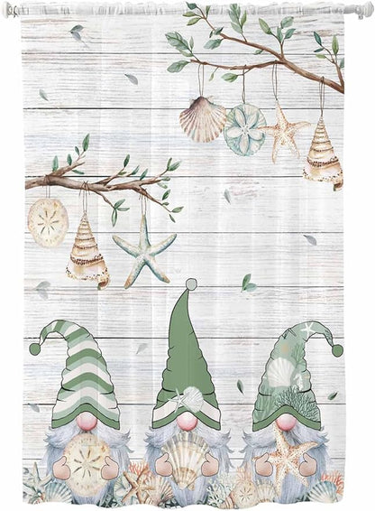 Sheer Curtains 72 Inches Long, Sage Green Gnomes Semi Sheer Curtains Light Filtering Window Treatment, Eucalypus Coastal Anchor Retro Wood Privacy Voile Drapes for Living Room Bedroom 52x72 Inch