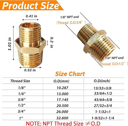 2pcs 1/4" NPT x 1/8" NPT Brass Nipple, 1/4 to 1/8 Adapter Fitting Reducing Solid Hex Nipple, Brass 1/4 Male to 1/8 Male Reducer Pipe Fittings for Extending and Connecting Pipes