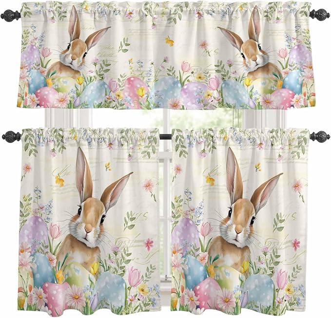 Kitchen Curtains Tiers and Valance Set of 3, Easter Light Filtering Window Curtain Set, Pastoral Spring Bunny Eggs Botanical Flowers Leaf Rod Pocket Curtain Drapes for Living Room, 36 Inches Tiers