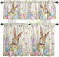 Kitchen Curtains Tiers and Valance Set of 3, Easter Light Filtering Window Curtain Set, Pastoral Spring Bunny Eggs Botanical Flowers Leaf Rod Pocket Curtain Drapes for Living Room, 24 Inches Tiers
