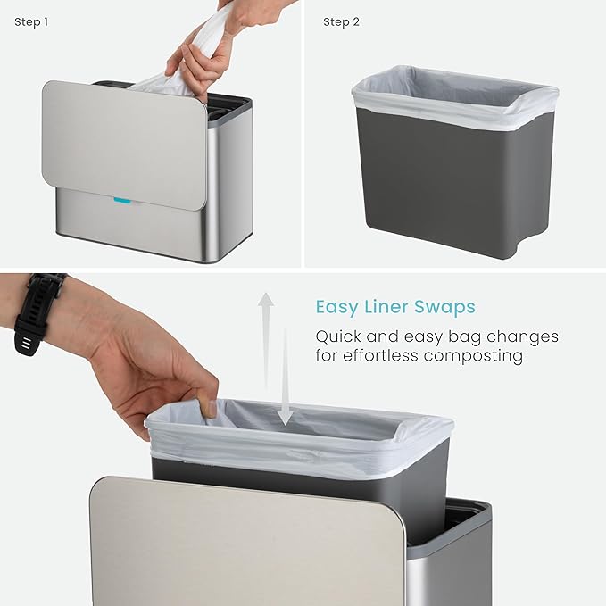 Home Zone Living Kitchen Compost Bin with CleanAura, Stainless Steel, Small and Compact Design, Includes Placement Attachments, 5 Liter Capacity, Silver