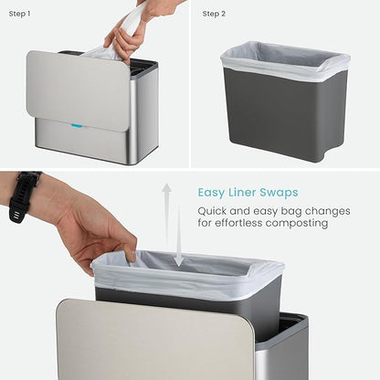 Home Zone Living Kitchen Compost Bin with CleanAura, Stainless Steel, Small and Compact Design, Includes Placement Attachments, 5 Liter Capacity, Silver