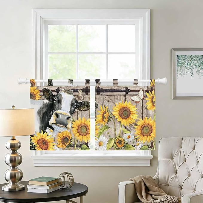 Retro Farmhouse Flower Kitchen Curtains 24 Inch Length, Small Window Curtains Tab Top, Yellow Sunflowers Cow Barn Doors Brown Light Filtering Short Window Treatments Tier Drapes 27.5"x24" 2 Panel