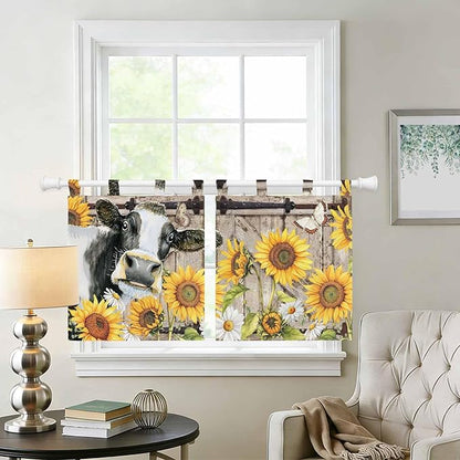 Retro Farmhouse Flower Kitchen Curtains 24 Inch Length, Small Window Curtains Tab Top, Yellow Sunflowers Cow Barn Doors Brown Light Filtering Short Window Treatments Tier Drapes 27.5"x24" 2 Panel