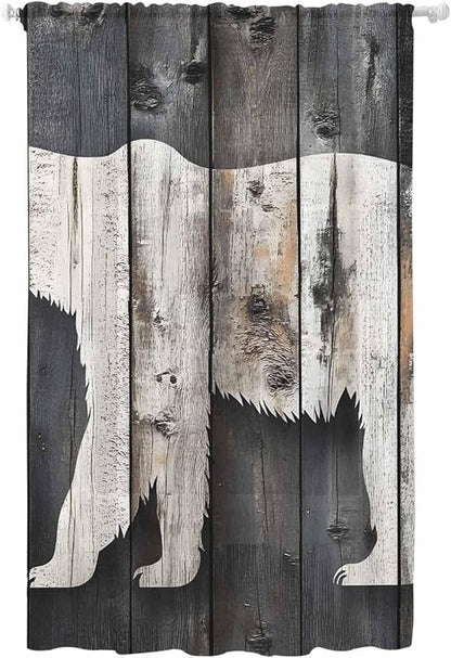 Sheer Curtains 96 Inches Long, White Brown Bear Semi Sheer Curtains Light Filtering Window Treatment, Farmhouse Country Vintage Wood Grain Privacy Voile Drapes for Living Room Bedroom 52x96 Inch