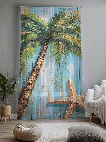 Sheer Curtains 84 Inches Long, Coastal Beach Tree Semi Sheer Curtains Light Filtering Window Treatment, Summer Tropical Starfish Wood Grain Privacy Voile Drapes for Living Room Bedroom 52x84 Inch
