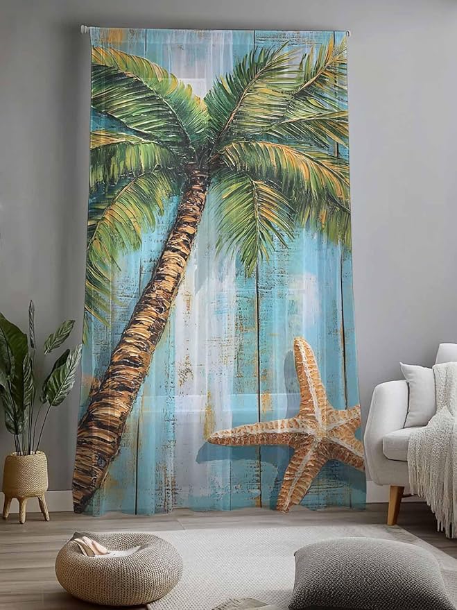 Sheer Curtains 108 Inches Long, Coastal Beach Tree Semi Sheer Curtains Light Filtering Window Treatment, Summer Tropical Starfish Wood Grain Privacy Voile Drapes for Living Room Bedroom 52x108 Inch