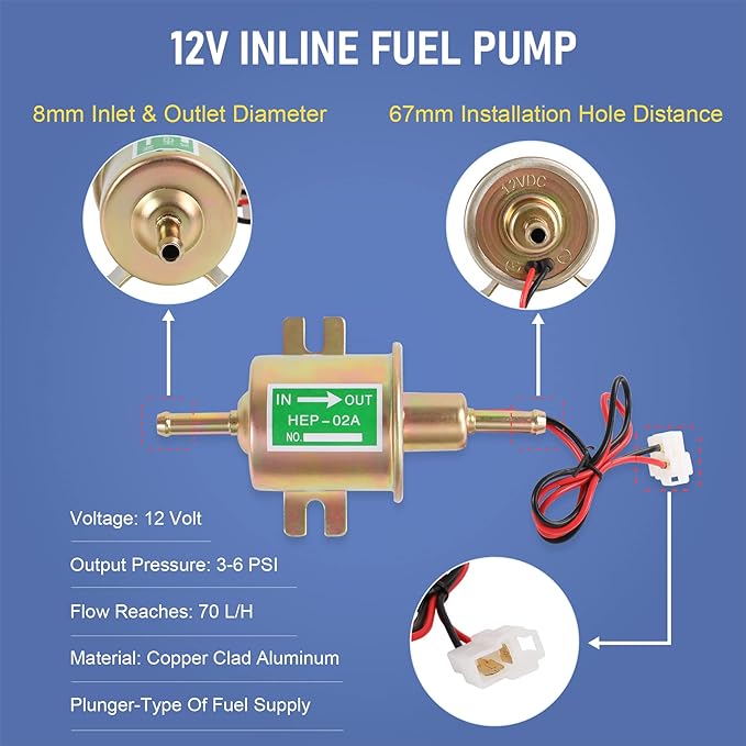 Universal Electric Fuel Pump Kit 12v 3-6 PSI Low Pressure with Fuel Filters 10 Hose Clamps 6.56 FT 5/16" ID Fuel Line Replacement For Carburetor Lawn Mower Gas Diesel Transfer Pump