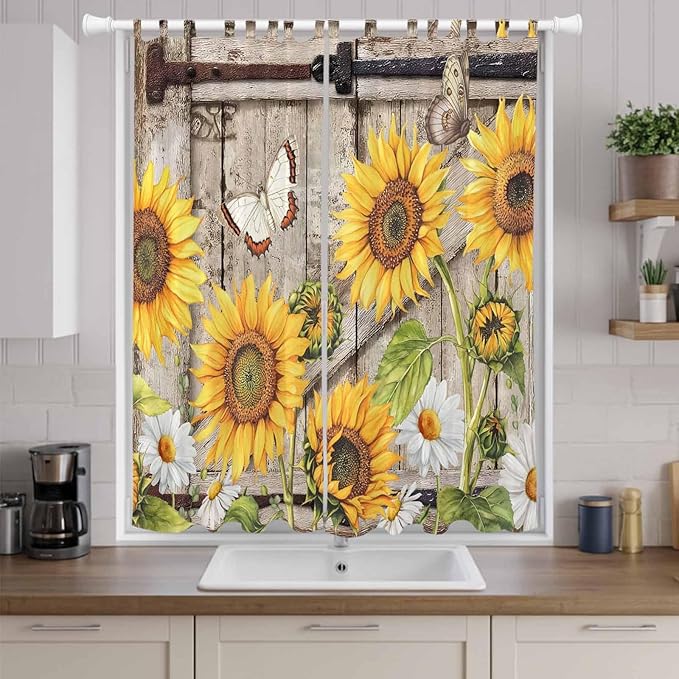Farmhouse Sunflowers Living Room Curtains 96 Inch Length, Window Curtains Tab Top, Rustic Barn Doors Flowers Butterfly Wooden Light Filtering Window Treatments Drapes 52"x96" 2 Panel
