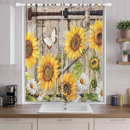 Farmhouse Sunflowers Living Room Curtains 96 Inch Length, Window Curtains Tab Top, Rustic Barn Doors Flowers Butterfly Wooden Light Filtering Window Treatments Drapes 52"x96" 2 Panel