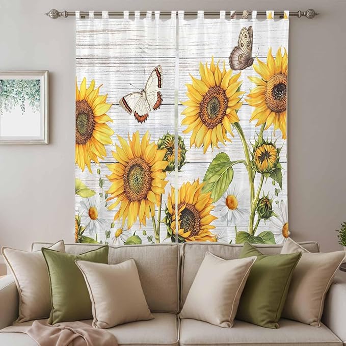 Yellow Sunflowers Living Room Curtains 84 Inch Length, Window Curtains Tab Top, Vintage Country Flowers Butterfly Wood Board Light Filtering Window Treatments Drapes 52"x84" 2 Panel