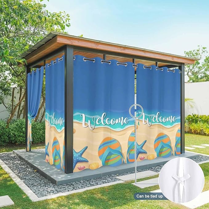 Summer Outdoor Curtains for Patio Beach Slippers Plumeria Waterproof Outside Curtains with Grommet Top Weatherproof Curtain for Cabana Pergola Gazebo, 1 Panel, 54" W x 95" L