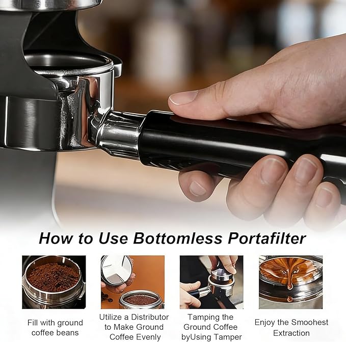 Bottomless Portafilter 58mm, 2 Ears Stainless Steel Bottomless Naked Portafilter Compatible Espresso Portafilters Coffee Wooden Coffee Handle Cup Filter Basket (Plastic material)
