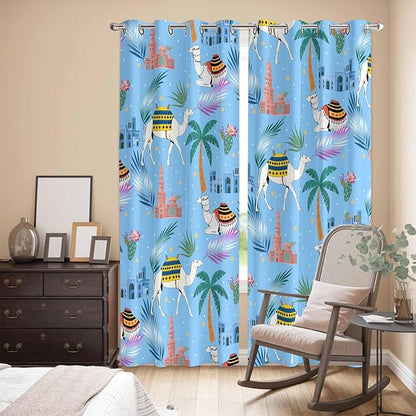 2 Panel Kitchen Cafe Curtains, Desert Landscape Sunlight Filtering Nature Air Through, Home Decor Window Covering Tier Curtains for Living Room 80W x 84L inch Cute Camels Palm Trees Houses Leaves Blue