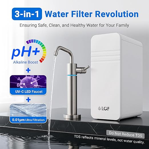 LCF 0.01μm Ultra-Filtration Under Sink Water Filter System, 3-Stage Alkaline Mineral pH+ Water Purifier, LED UV-C Ultrąviolët SUS304 Faucet, Reduces up to 99.9% of Baçtёria, Bad Taste & Chlorine