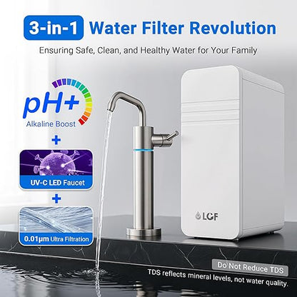 LCF 0.01μm Ultra-Filtration Under Sink Water Filter System, 3-Stage Alkaline Mineral pH+ Water Purifier, LED UV-C Ultrąviolët SUS304 Faucet, Reduces up to 99.9% of Baçtёria, Bad Taste & Chlorine