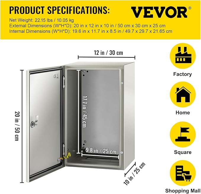 VEVOR NEMA Steel Enclosure, 20 x 12 x 10'' NEMA 4X Steel Electrical Box, IP66 Waterproof & Dustproof, Outdoor/Indoor Electrical Junction Box, with Mounting Plate