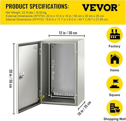 VEVOR NEMA Steel Enclosure, 20 x 12 x 10'' NEMA 4X Steel Electrical Box, IP66 Waterproof & Dustproof, Outdoor/Indoor Electrical Junction Box, with Mounting Plate