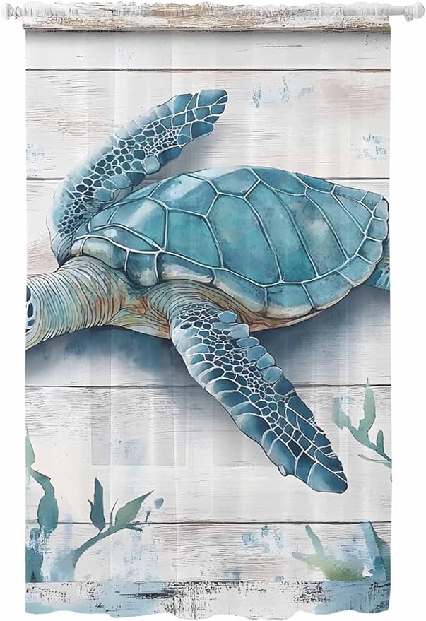 Sheer Curtains 96 Inches Long, Teal Green Sea Turtle Semi Sheer Curtains Light Filtering Window Treatment, Summer Ocean Seaweed Wood Grain Privacy Voile Drapes for Living Room Bedroom 52x96 Inch