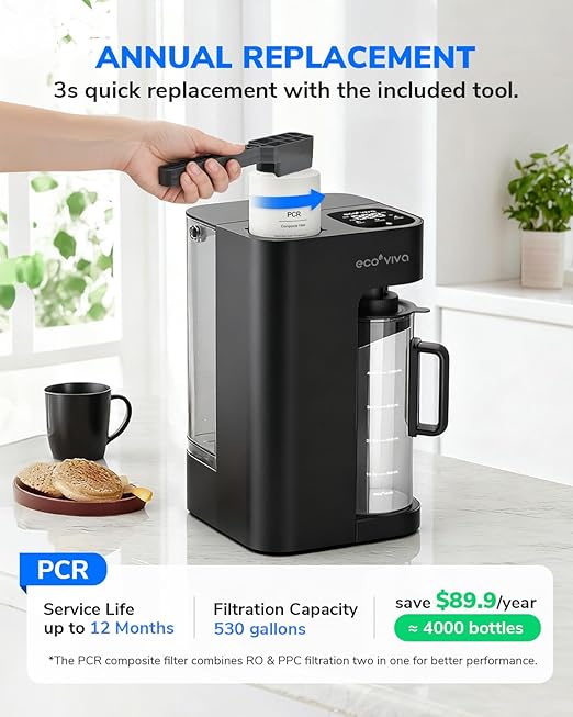 Ecoviva Mate 3 Countertop Reverse Osmosis Water Filter, 8-Stage RO Water Filtration System with 44oz Water Pitcher Smart Auto-Filling, NSF Certified Water Purifier, 3:1 Pure to Drain, Black