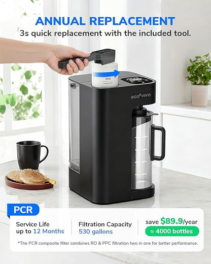 Ecoviva Mate 3 Countertop Reverse Osmosis Water Filter, 8-Stage RO Water Filtration System with 44oz Water Pitcher Smart Auto-Filling, NSF Certified Water Purifier, 3:1 Pure to Drain, Black
