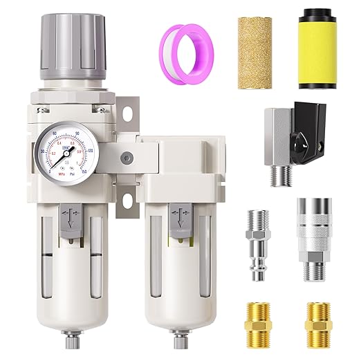 TAILONZ PNEUMATIC 0-150PSI 1/2 Inch NPT Particulate Filter+Coalescing Filter Air Filter Pressure Regulator Combo Piggyback, Air Tool Compressor Filter (Semi-Auto Drainage）
