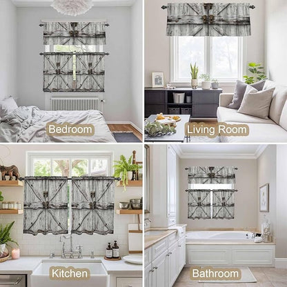 Kitchen Curtains Tiers and Valance Set of 3, Vintage Gate Light Filtering Window Curtain Set, Farmhouse Wooden Grain Shabby Chic Door Rod Pocket Curtain Drapes for Cafe, Living Room, 36 Inches Tiers