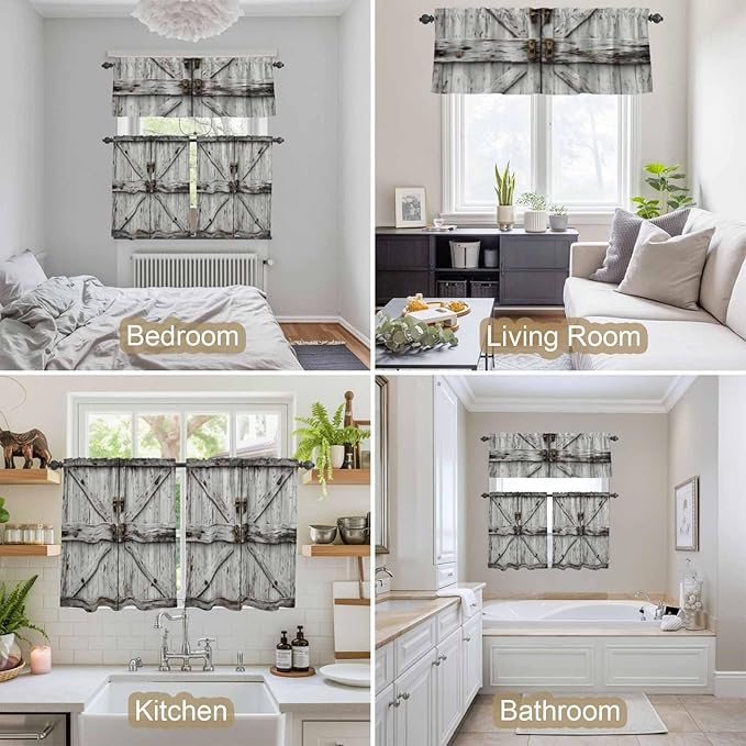 Kitchen Curtains Tiers and Valance Set of 3, Vintage Gate Light Filtering Window Curtain Set, Farmhouse Wooden Grain Shabby Chic Door Rod Pocket Curtain Drapes for Cafe, Living Room, 24 Inches Tiers