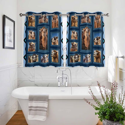 2 Panel Kitchen Cafe Curtains, Desert Camels Sunlight Filtering Nature Air Through, Home Decor Window Covering Tier Curtains for Living Room 104W x 52L inch Wildlife Brown Animals Blue Geometric